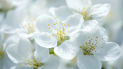 Tranquil close up of white blossoms showcasing their gentle petals and vibrant yellow stamens, evoking sense of peace and beauty in nature