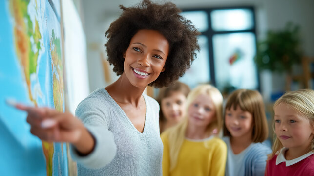 Teacher pointing at map while smiling, engaged with diverse group of students. Bright classroom with learning materials on display. Concept of education, diversity, teamwork - Powered by Adobe