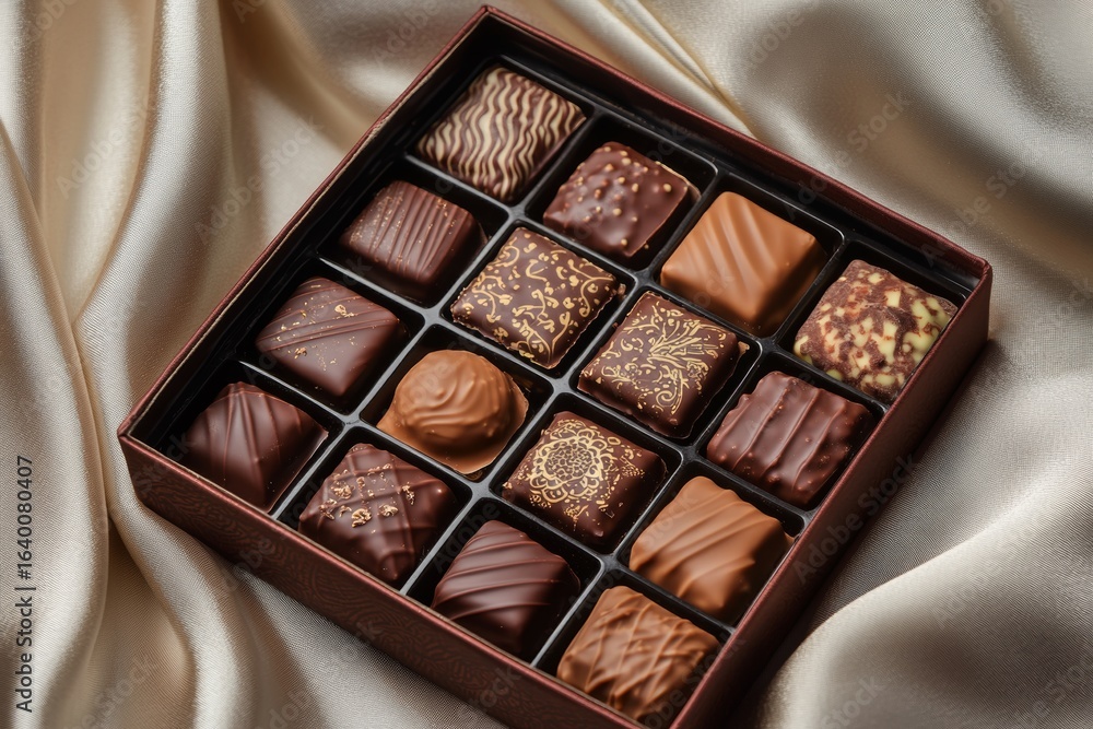 Poster delicious assorted chocolates with unique patterns arranged in a neat box create an inviting display
