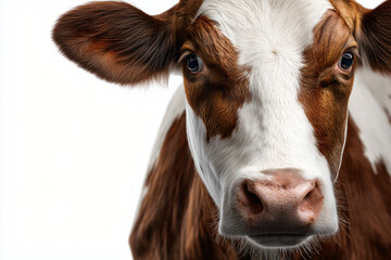 A close-up portrait of a cute cow, showcasing its unique pattern and curious expression