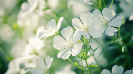 Tranquil close up of white flowers showcasing their gentle petals, creating serene atmosphere in natural setting. soft focus enhances beauty of these delicate blooms