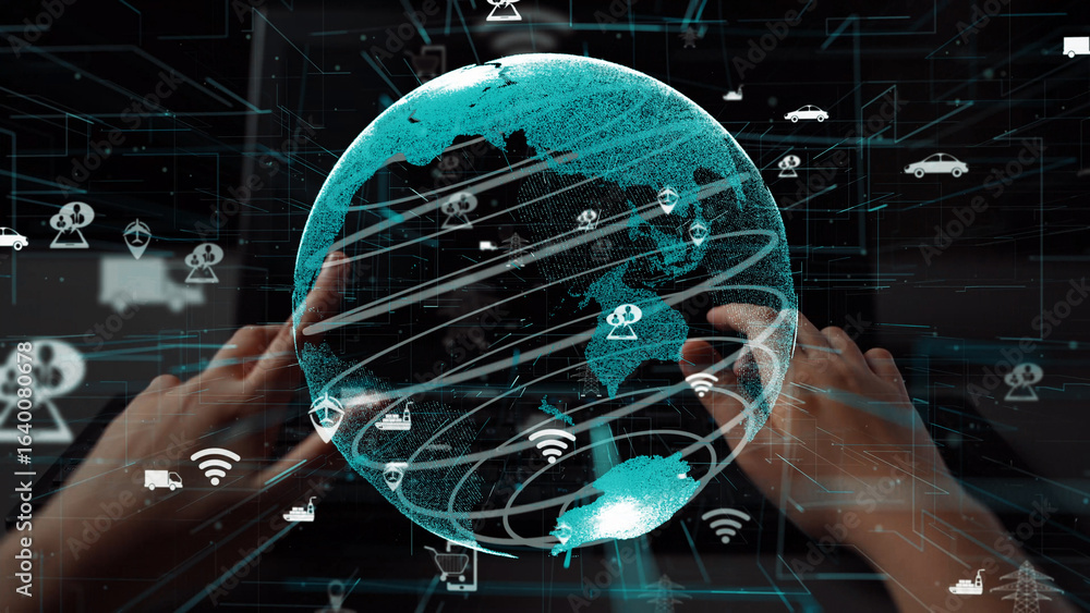 Poster this image captures a futuristic concept of a global network with intertwined technology symbols and