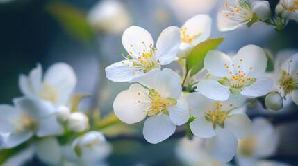 Delicate white flowers create tranquil scene, evoking feelings of peace and serenity. soft petals and vibrant yellow stamens enhance beauty of nature artistry