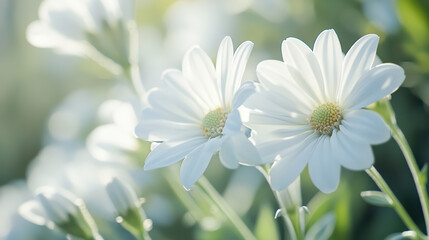 Tranquil white flowers with vibrant centers create serene atmosphere, evoking feelings of peace and beauty in nature. soft light enhances their delicate petals and lush green surroundings