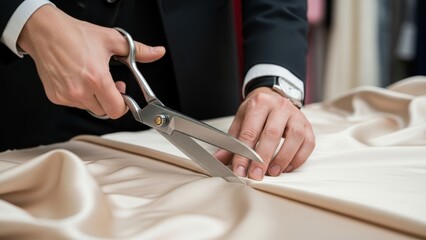 Tailor's hands cutting fabric with large scissors.