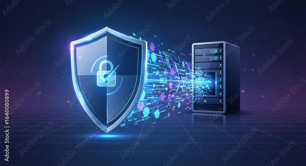 Poster data security shield protecting server data with advanced encryption and cybersecurity measures
