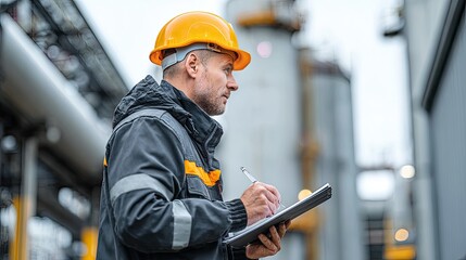 Focused industrial worker in hard hat meticulously documenting site progress with a clipboard at a modern facility, embodying diligence and operational oversight