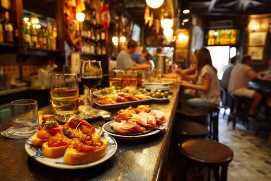 Locals and visitors gather at a lively tapas bar in Spain, enjoying various dishes such as patatas bravas and jamon iberico while chatting, dining, and savoring drinks at night