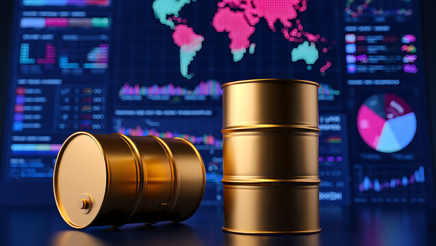 Golden oil barrels shown against a background of digital charts and graphs representing global markets and data analysis.
