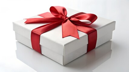 White gift box with red satin ribbon bow on reflective surface