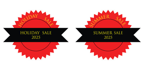 Sale badge, clean red starburst label set with black ribbon and gold text for holiday sale summer sale promotion retail discount advertising and seasonal marketing designs

