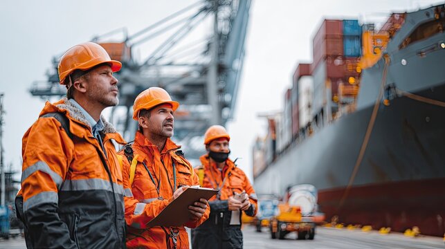 Focused maritime professionals in orange safety gear coordinating operations beside a massive cargo ship at a bustling port terminal, signifying global trade and logistics.