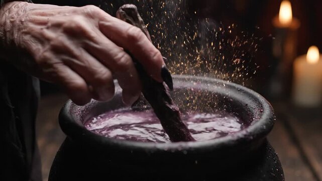 Witch Stirring Sparkling Potion in Cauldron - Close-up shot of a witch's hand stirring a bubbling purple potion in a black cauldron.