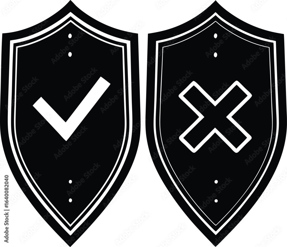 Poster vector art of two shields showing approval and denial with a check mark and a cross mark offering se
