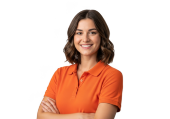 Young woman with brown hair wearing an orange polo shirt smiling isolated on transparent background