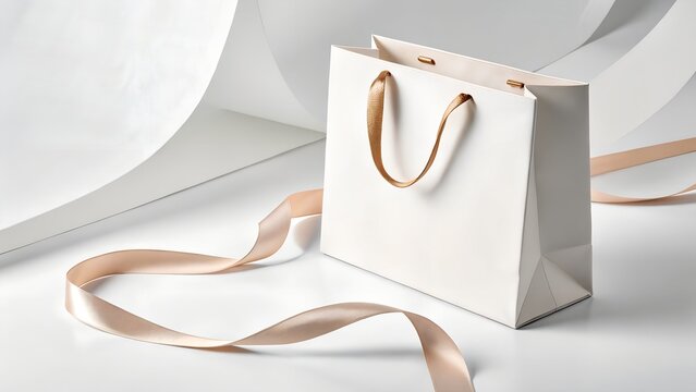 Elegant white shopping bag with golden handles and satin ribbon