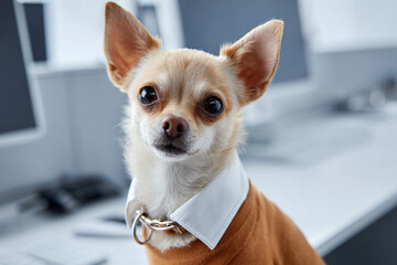 A charming Chihuahua dog with a smart collar posing in a modern office setting, embodying a professional vibe