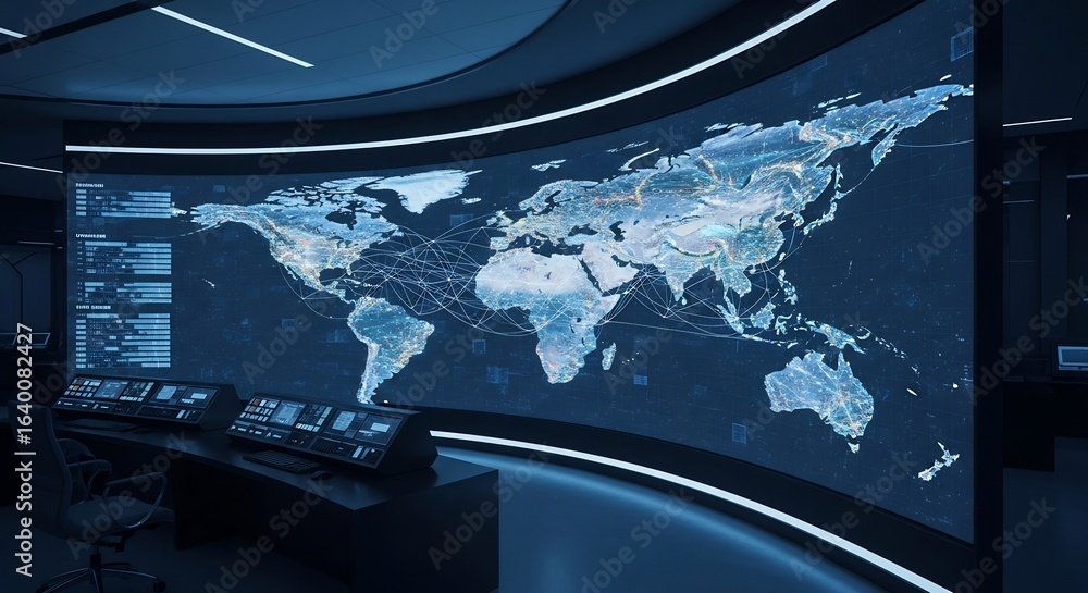 Poster global network monitoring center a futuristic visualization of worldwide data and connectivity