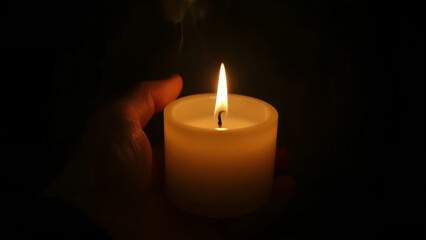 Photorealistic Closeup of a Hand Gently Holding a Lit Candle, a Symbol of Hope, Prayer, and Vigilance