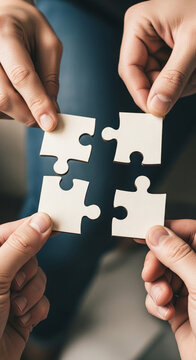 Four hands connect four white puzzle pieces, symbolizing teamwork, collaboration, and unity in achieving a common goal
