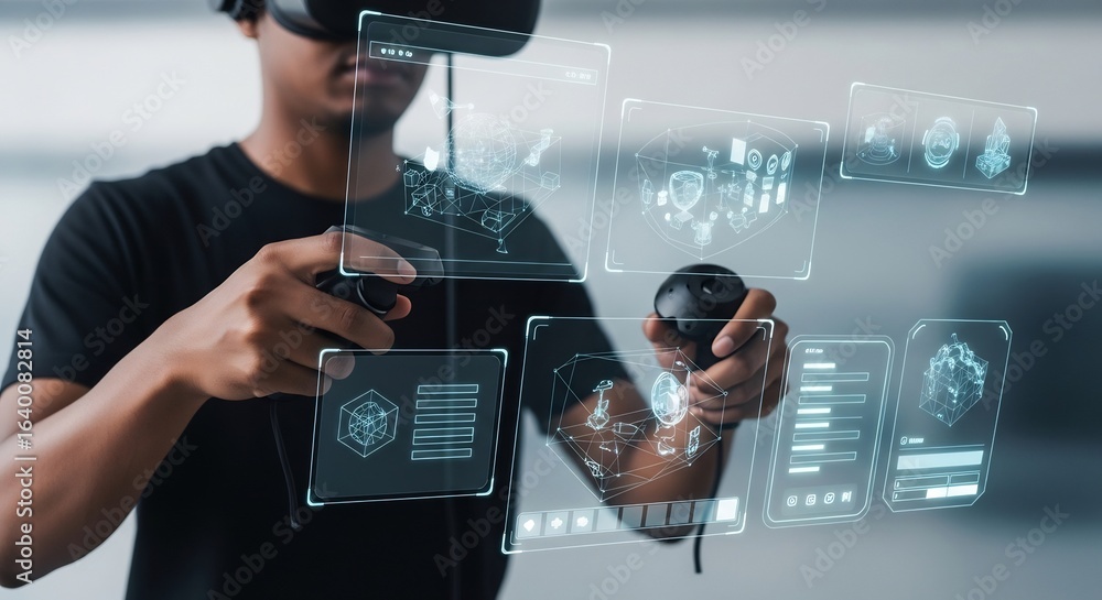 Poster man experiencing immersive virtual reality technology with futuristic interface