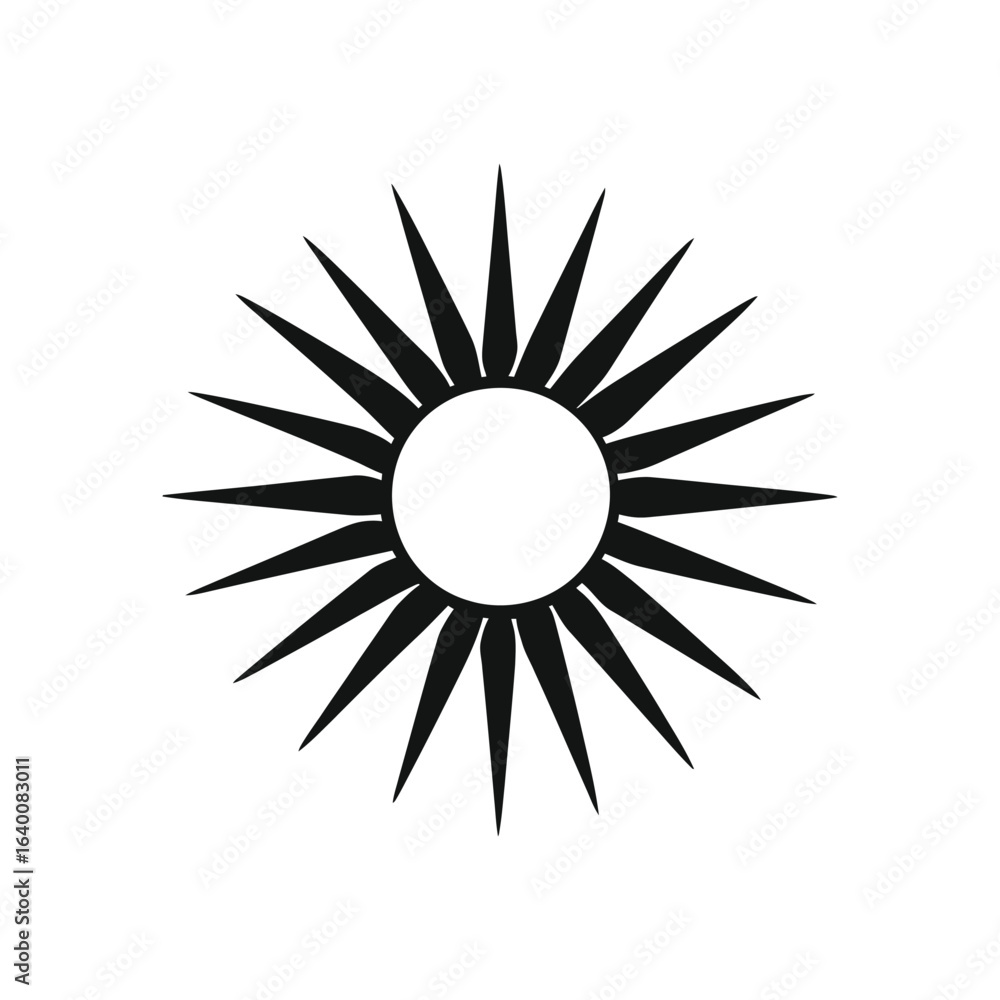 Poster black sun icon with sharp rays radiating from a circular center shape