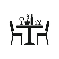 Table with wine bottle and glasses silhouette icon on white background