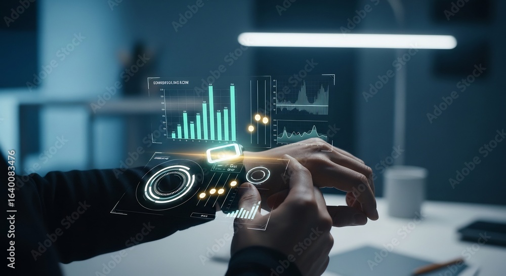 Poster futuristic smartwatch interface data visualization on wearable tech