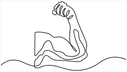 Arm shows bicep fist. Continuous one line vector drawing, shows bicep continuous one line vector drawing, Man shows bicep fist hand continuous line drawing. man bodybuilder pose charmingly vector.