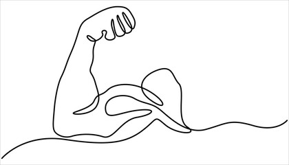 Arm shows bicep fist. Continuous one line vector drawing, shows bicep continuous one line vector drawing, Man shows bicep fist hand continuous line drawing. man bodybuilder pose charmingly vector.