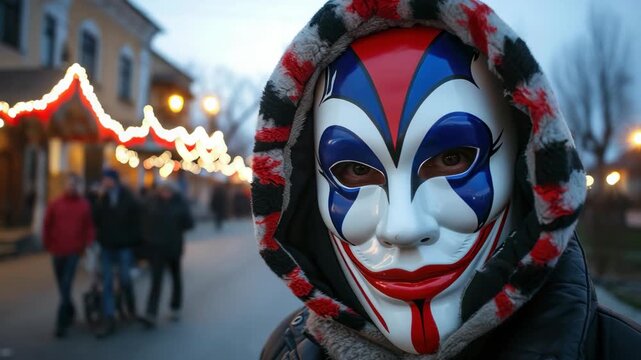 Person wearing a colorful clown mask and hooded jacket stands on a street with blurred festive lights and people in the background.