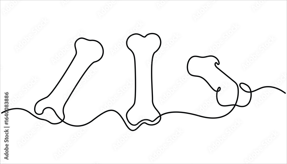 Poster bone single line art, continuous one line drawing of isolated outline vector art, continuous one lin