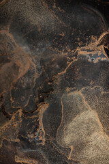 Smoke Glow glitter grain texture painting Wave blot. Abstract gold, bronze stain on black background.
