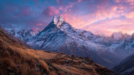 Fototapeta premium A mountain range with a beautiful sunset in the background. The mountains are covered in snow and the sky is filled with pink and orange hues. The scene is serene and peaceful