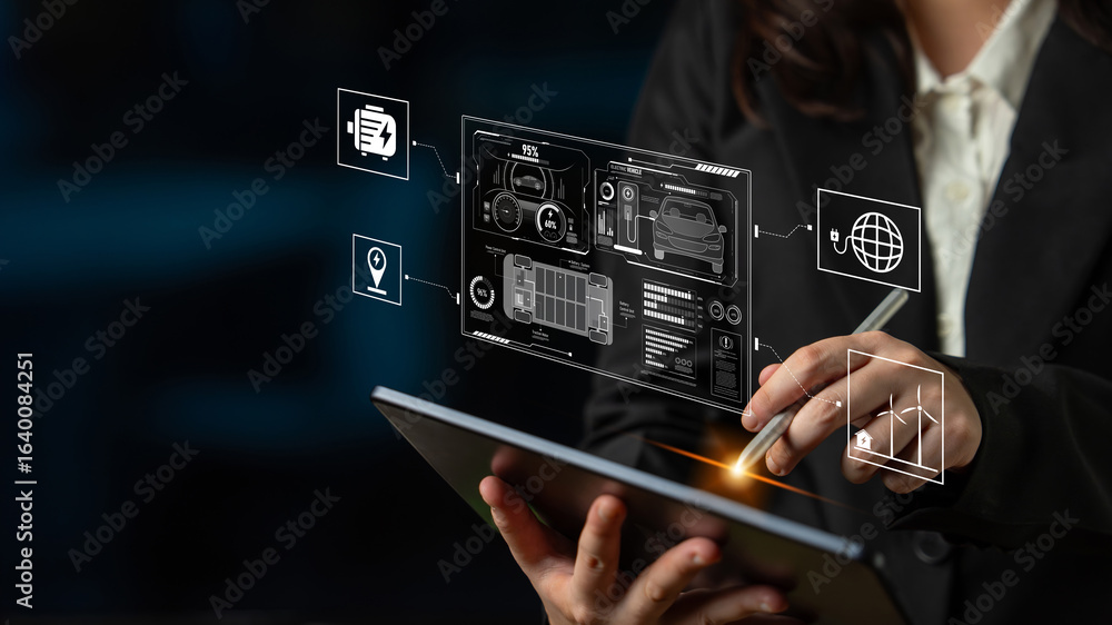 Poster smart interface showing electric vehicle performance, battery system, power control, charging status