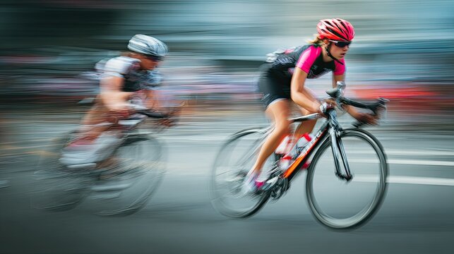 Dynamic female cyclists race intensely, capturing the thrill and speed of competitive cycling with motion blur conveying exhilaration.