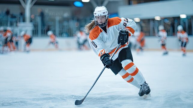 Dynamic young female hockey player in action during a competitive ice rink match, showcasing speed and determination on the ice - Powered by Adobe