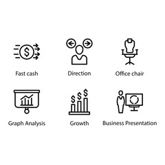 Fast cash, Direction, Office chair, Graph Analysis, Growth, Business Presentation, icon