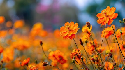 Vibrant orange cosmos flowers sway gently in a sun-drenched meadow, creating a warm, inviting atmosphere perfect for spring and summer nature themes.