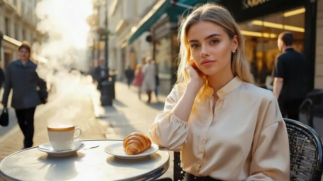 Relaxing morning at a Parisian cafe with coffee and croissant