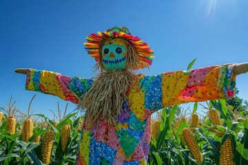 A cheerful scarecrow dressed in a patchwork outfit stands proudly in a lush cornfield, surrounded by golden corn stalks under the bright blue sky, embodying the spirit of summer