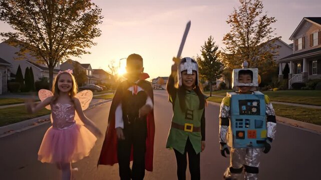 Happy Halloween Kids Trick or Treating at Sunset - Four children in creative Halloween costumes – fairy, vampire, knight, and robot – walk down a residential street at sunset, enjoying the - Powered by Adobe