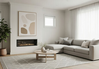Fototapeta premium Modern living room design, featuring a fireplace, comfortable couch, and a cozy atmosphere