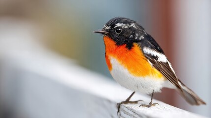 Fototapeta premium A small bird with orange and white feathers is perched on a wooden fence. The bird appears to be looking down, possibly observing its surroundings or waiting for something