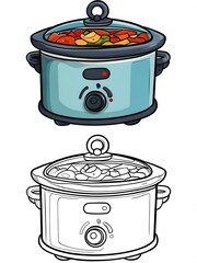 Slow cooker with vegetables cartoon illustration and line art