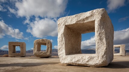 A series of stone sculptures are arranged in a row, with one of them having a large hole in the middle. The sculptures are placed on a sandy surface, and the sky is cloudy