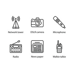 Network tower, DSLR camera, Microphone, Radio, Newspaper, Walkie talkie, icon