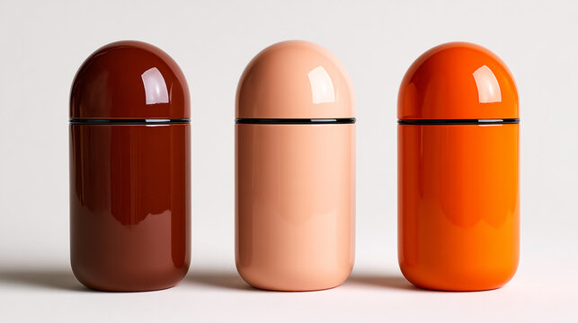 Three modern cosmetic bottles in brown, tan, and orange colors, isolated on a white background