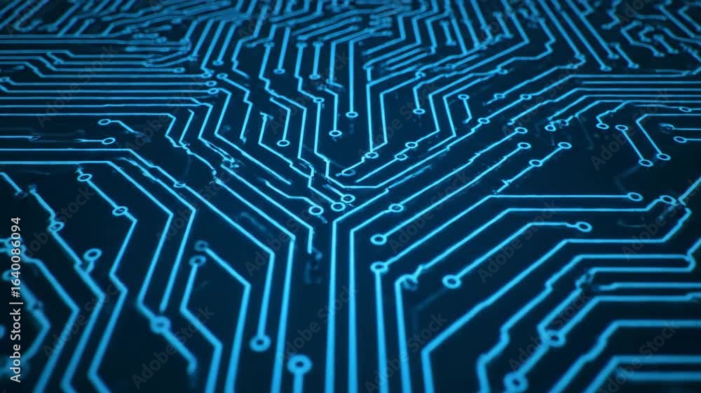 Poster glowing blue circuit board technology background - close-up view of a stylized animated circuit boar
