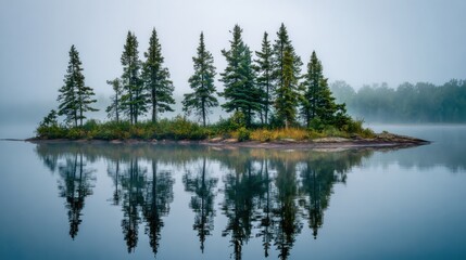 A small island with a forest of trees and a body of water. The water is calm and the trees are tall